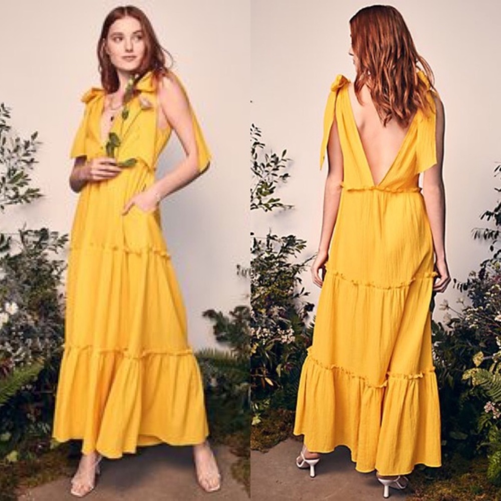 Happy X Nature Women’s Yellow Tie Shoulder Tiered Maxi Dress size Medium